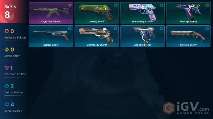 EU | 8 skins | Cryostasis Vandal | Montage Frenzy | Overlay Sheriff | Bubble Pop Classic | Monstrocity Sheriff | Digihex Ghost | K2684
