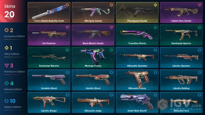 EU | 19 skins | Phaseguard Vandal | Yoru's Stylish Butterfly Comb | Glitchpop Vandal | Valiant Hero Vandal | Black.Market Vandal | V9601