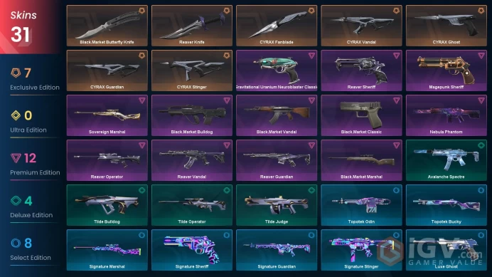 EU / 31 Skins / Inventory value ~ 44,600 VP / Black.Market Butterfly Knife + Lol Middle East / 499 Skins / 236 lvl