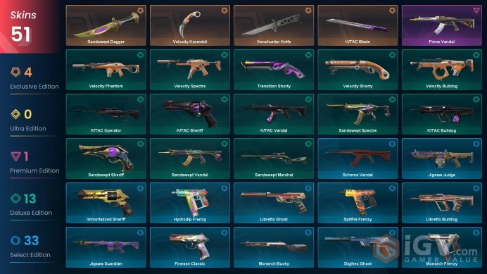 Eu / Valorant / 51 Skins / Xenohunter Knife / Prime Vandal / Sandswept Dagger / Velocity Karambit / K/TAC Blade