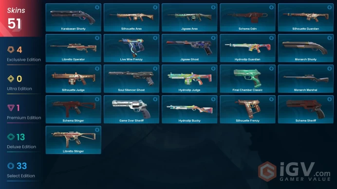 Eu / Valorant / 51 Skins / Xenohunter Knife / Prime Vandal / Sandswept Dagger / Velocity Karambit / K/TAC Blade