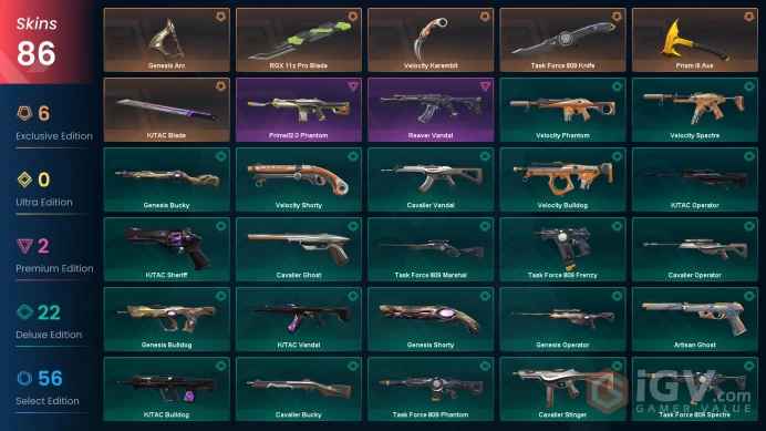 EU / 86 Skins / RGX 11z Pro Blade / Task Force 809 Knife / Velocity Karambit / 6 Knives
