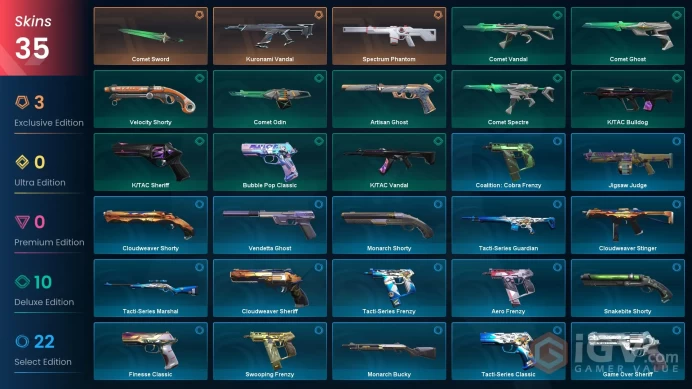 AP | 35 skins | Kuronami Vandal | Spectrum Phantom | Comet Sword | Comet Odin | Velocity Shorty | Comet Ghost | Artisan Ghost | N9012