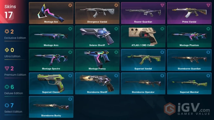 EU | 17 skins | Divergence Vandal | Prime Vandal | Montage Axe | Reaver Guardian | Montage Phantom | Montage Ares | ATLAS // CMD Classic | F4760