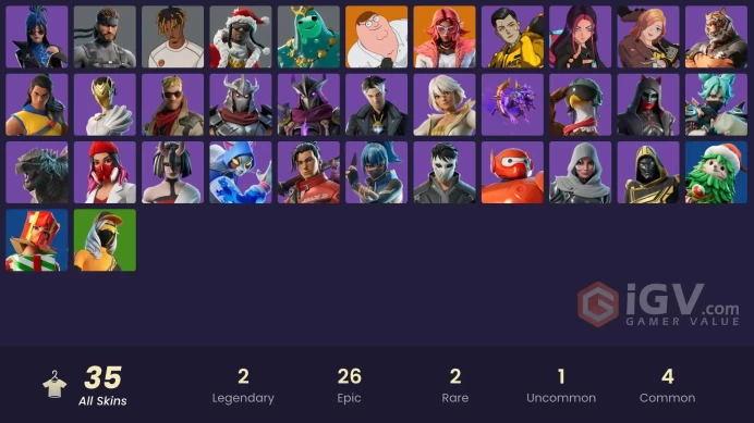 35 skins | 500 VB | Valeria | Peter Griffin | Poseidon | Solid Snake | Santa Dogg | Parental Control | All Platforms | Mail Access |