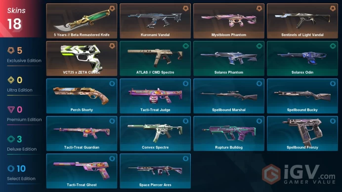 EU / 18 skins / 5 Years // Beta Remastered Knife / Kuronami Vandal / Sentinels of Light Vandal / Mystbloom Phantom / V8