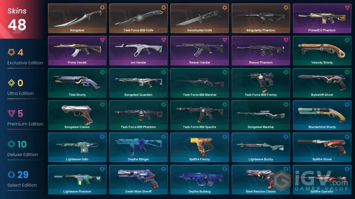 EU - LVL 230 - Unranked - 48 Skins(~14,600 VP) Prime Vandal, Singularity Phantom, Xenohunter Knife, Songsteel, Ion Vandal