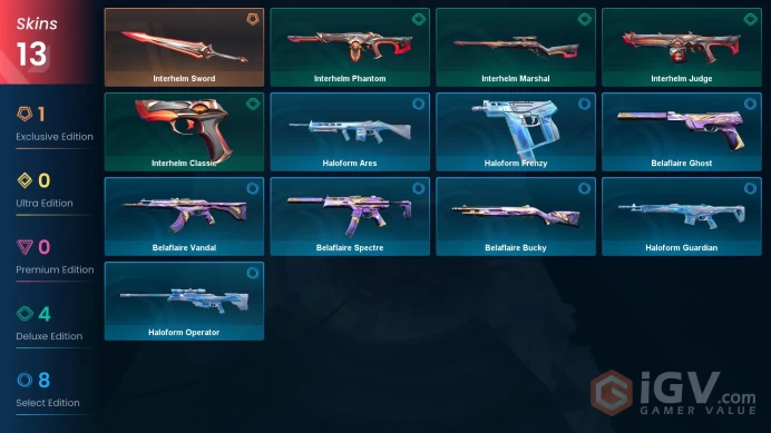 EU - LVL 30 - Unranked - 13 Skins  Belaflaire Vandal, Interhelm Phantom, Interhelm Sword