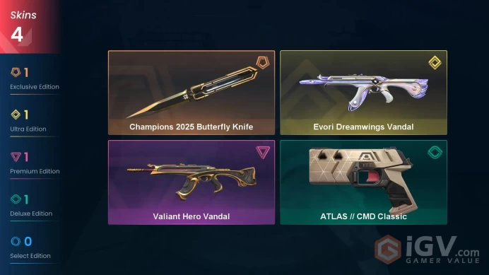EU - LVL 34 - Unranked - 1 Knife - 4 Skins(~9,600 VP) Champions 2025 Butterfly Knife, Evori Dreamwings Vandal, Valiant Hero Vandal