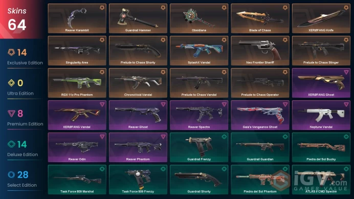 EU - LVL 74 - Unranked - 5 Knives - 64 Skins(~46,825 VP) SplashX Vandal, Neo Frontier Sheriff, RGX 11z Pro Phantom, Prelude to Chaos Collection,