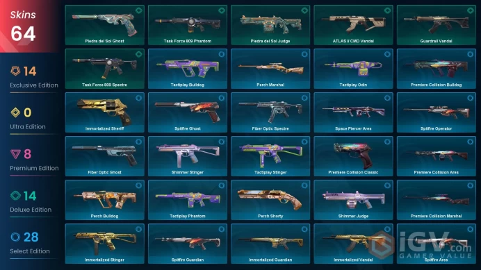 EU - LVL 74 - Unranked - 5 Knives - 64 Skins(~46,825 VP) SplashX Vandal, Neo Frontier Sheriff, RGX 11z Pro Phantom, Prelude to Chaos Collection,