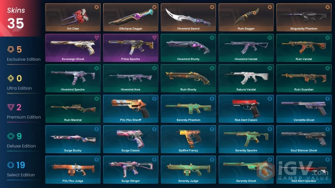 EU - LVL 77 - Unranked - 4 Knives - 35 Skins(~14,900 VP) Glitchpop Dagger, Oni Claw, Hivemind Sword, Singularity Phantom, Ruin Dagger, Ruin Vand