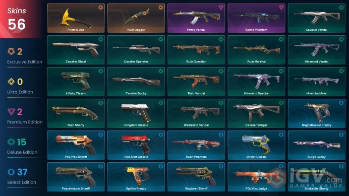 EU - LVL 191 - Unranked - 2 Knives - 56 Skins (~5,700 VP) Prism III Axe, Ruin Dagger, Prime Vandal, Spline Phantom