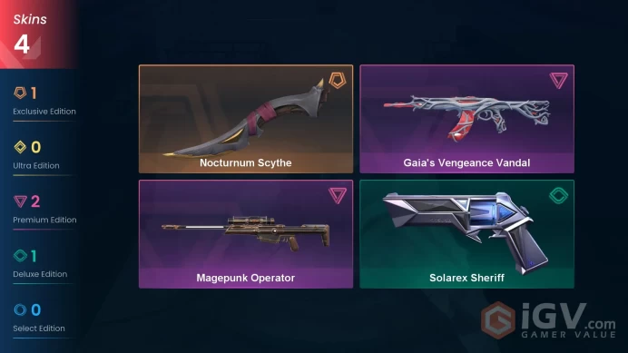 EU - LVL 40 - Unranked - 1 Knife - 4 Skins (~8,900 VP) Nocturnum Scythe, Magepunk Operator, Gaia's Vengeance Vandal