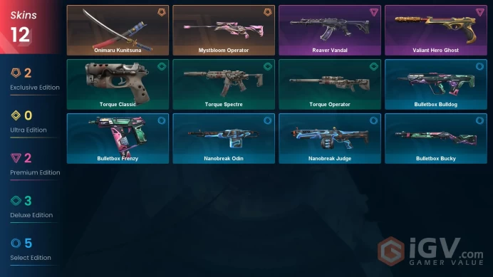 EU - LVL 22 - Unranked - 1 Knife - 12 Skins (~ 11,075 VP) Mystbloom Operator, Onimaru Kunitsuna, Reaver Vandal, Valiant Hero Ghost