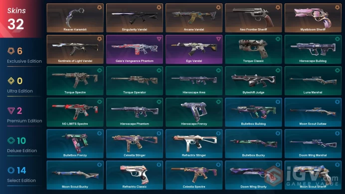 EU - LVL 63 - Unranked - 1 Knife - 32 Skins (~ 21,325 VP) Reaver Karambit, Singularity Vandal, Neo Frontier Sheriff, Arcane Vandal, Mystbloom Sh
