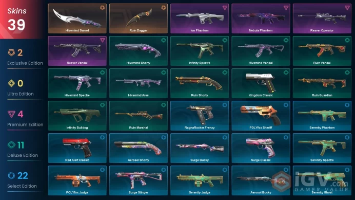 NA - LVL 75 - Unranked - 2 Knives - 39 Skins (~7,100 VP) Ion Phantom, Reaver Vandal, Hivemind Sword, Ruin Dagger