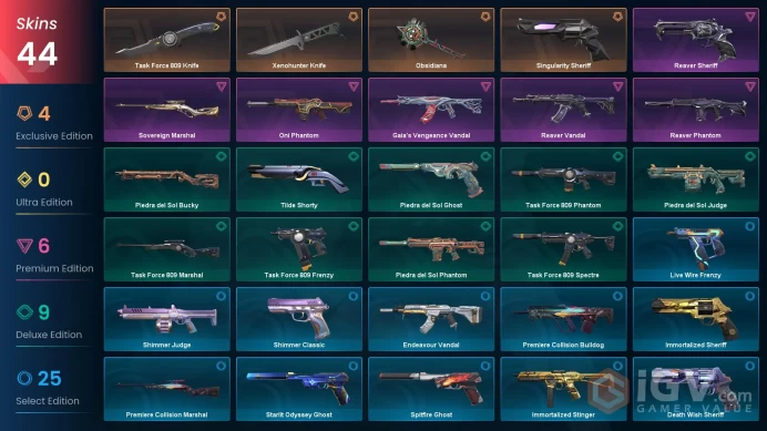 EU - LVL 145 - Unranked - 3 Knives - 44 Skins (~17,250 VP inv) Gaia's Vengeance Vandal, Singularity Sheriff, Xenohunter Knife, Obsidiana