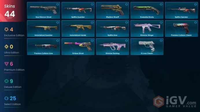 EU - LVL 145 - Unranked - 3 Knives - 44 Skins (~17,250 VP inv) Gaia's Vengeance Vandal, Singularity Sheriff, Xenohunter Knife, Obsidiana