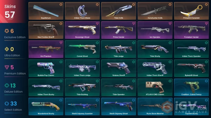 EU - LVL 322 - unranked - 5 Knives - 57 Skins (~20,700 VP) Forsaken Vandal, Oni Phantom, Neo Frontier Sheriff, Tilde Knife, Xenohunter Knife, Pr