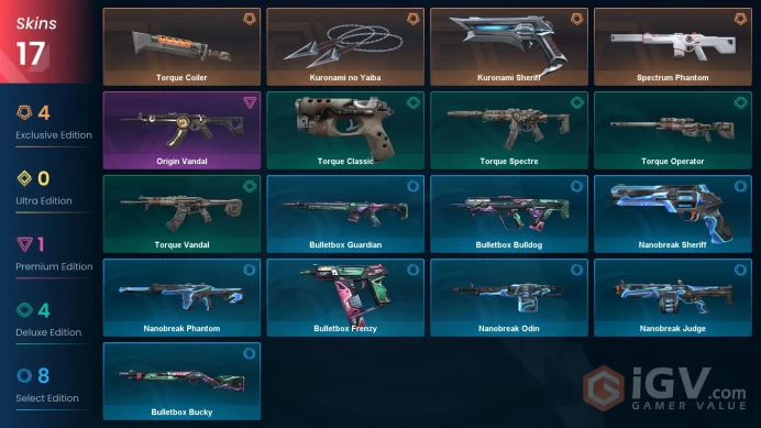EU - LVL 48 - Unranked - 2 Knives - 17 Skins (~12,175 VP) - Torque Coiler, Kuronami Sheriff, Kuronami no Yaiba, Spectrum Phantom, Origin Vandal