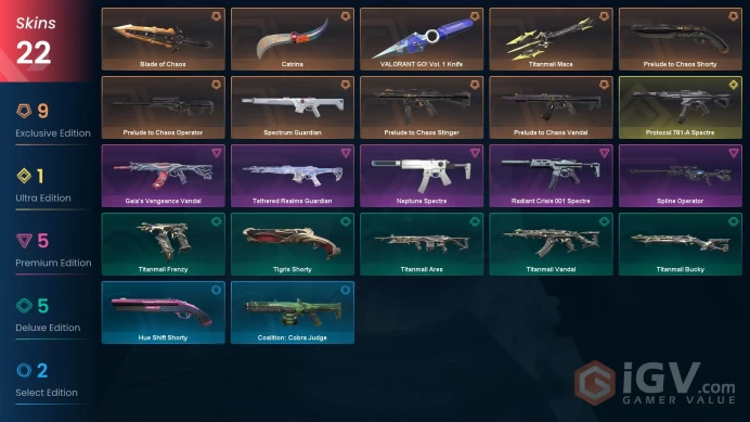NA - LVL 18 - Unranked - 4 Knives - 22 Skins (~42,100 VP) Catrina, Spectrum Guardian, Blade of Chaos, Prelude to Chaos Collection, VALORANT Knif