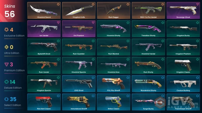 EU - LVL 224 - Unranked- 3 Knives - 56 Skins (~7,500 VP) Hivemind Sword, Ruin Dagger, Kingdom Knife, RGX 11z Pro Vandal, Sovereign Ghost, Oni Ph