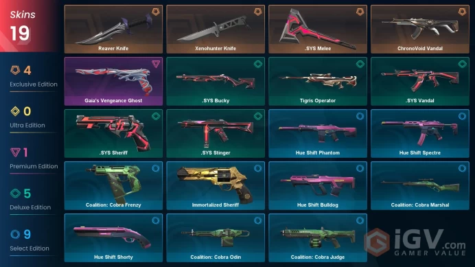 EU - LVL 65 - Unranked - 3 Knifes - 19 Skins (~12,325 VP) Xenohunter Knife, ChronoVoid Vandal, .SYS Melee, Reaver Knife