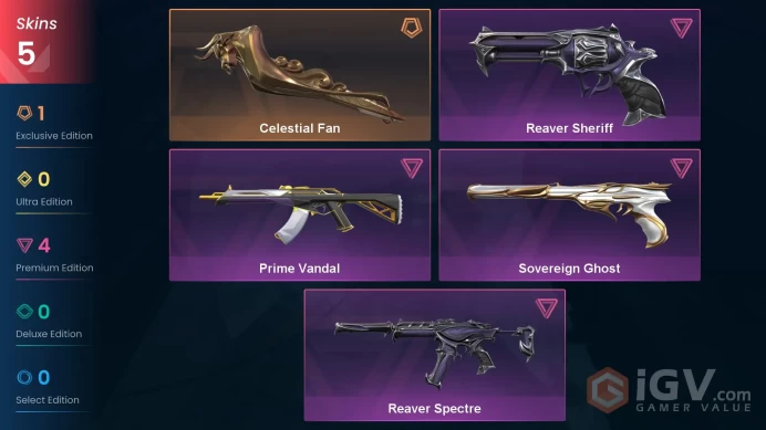EU - LVL 21 - Unranked - 1 Knife - 5 Skins (~10,650 VP) Celestial Fan, Sovereign Ghost, Prime Vandal