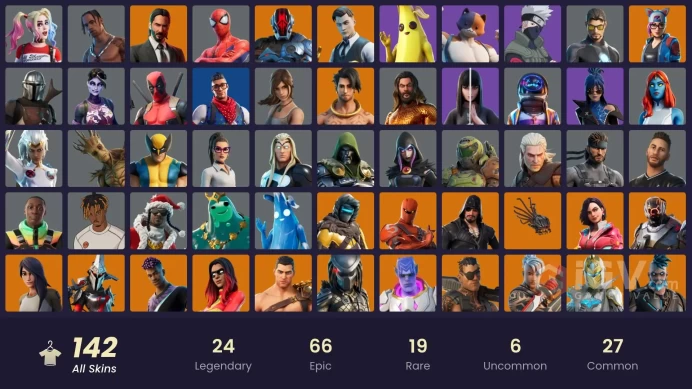 PC/PSN/Xbox/Nintendo 142 skins | Travis Scott | Leviathan Axe | Lara Croft | Astro Jack | Gold Meowscles | Gold Midas | Gold Brutus | Tart Tycoo