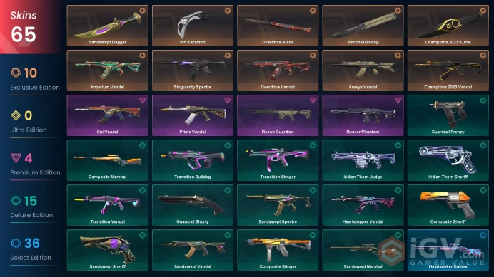 NA+65 skins+45000VP+Platinum 2+Araxys Vandal+Ion Karambit+Champions 2023 Kunai+Champions 2023 Vandal/2.18.1