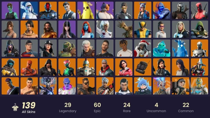 (PC PSN XBOX) 139 skins | Eon | Gold Brutus | Gold Meowscles | Gold Midas | Shot Stopper | Trilogy | Tart Tycoon | Catalyst | Fusion | Singulari