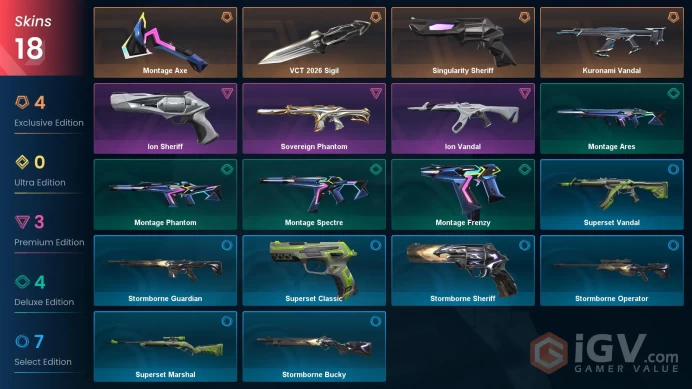 EU | 725 VP | 6 skins | Kuronami Vandal | Montage Spectre | Stormborne Guardian | Superset Marshal | V0171