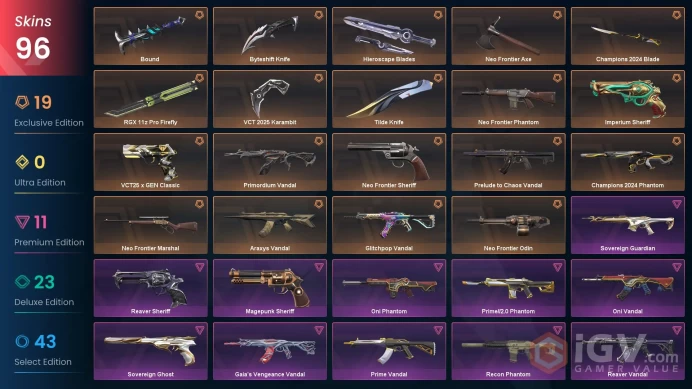 [KOREA] 96 Skins | 8 Knife| Full Acces | Champions 2024 Blade / Champions 2024 Phantom / RGX 11z Pro Firefly / VCT 2025 Karambit |