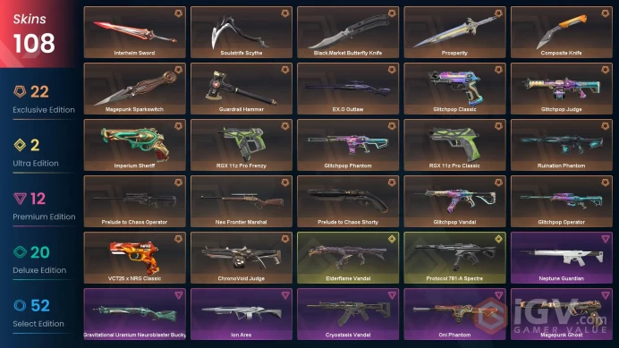 EU 108 skins | EX.O Outlaw | Glitchpop Vandal | VCT25 x NRG Classic | Glitchpop Phantom | Magepunk Sparkswitch | Neo Frontier Marshal | Prelude 