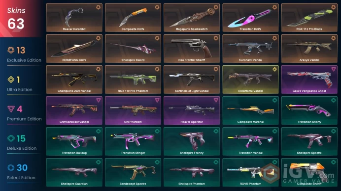 EU / 63 skins / Reaver Karambit / XERØFANG Knife / RGX 11z Pro Blade / Kuronami Vandal / Araxys Vandal / Champions 2023 Vandal /  V10