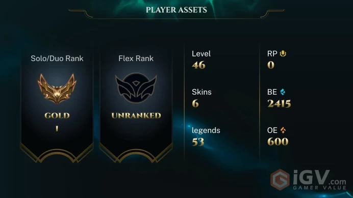 [EUW] | Gold I | Champion 53   | SKIN6  | 2K BE   | Full Access | Instant Delivery |Unverified Email |GG6
