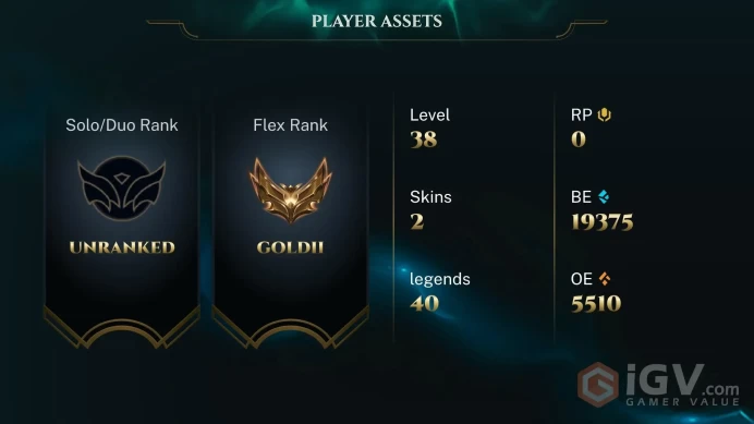 [EUW] |Last season Gold II| Champion 40   | SKIN2  | 19K BE   | Full Access | Instant Delivery |Unverified Email |GG16
