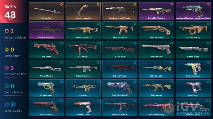 AP | 48 Skins | Sentinels of Light Vandal | Prime//2.0 Phantom | Gravitational Uranium Neuroblaster Classic | Magepunk Operator | Artisan Foil |