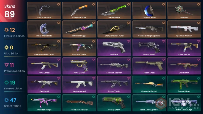 EU / 89 skins / Champions 2023 Kunai / Champions 2023 Vandal / Reaver Karambit / Reaver Vandal / V12