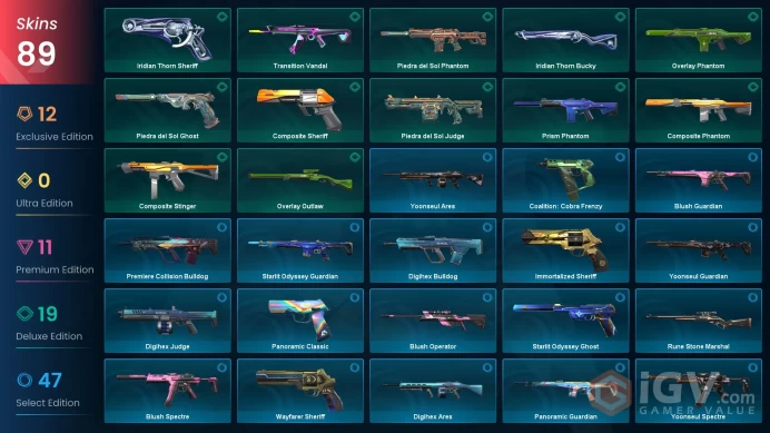 EU / 89 skins / Champions 2023 Kunai / Champions 2023 Vandal / Reaver Karambit / Reaver Vandal / V12