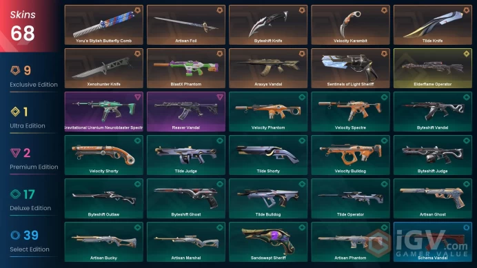 EU+68 skins+Total cost 20000 VP+Platinum 1+Elderflame Operator+Yoru's Stylish Butterfly Comb+BlastX Phantom+Araxys Vandal+Reaver Vandal   3.19.1