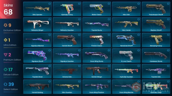 EU+68 skins+Total cost 20000 VP+Platinum 1+Elderflame Operator+Yoru's Stylish Butterfly Comb+BlastX Phantom+Araxys Vandal+Reaver Vandal   3.19.1