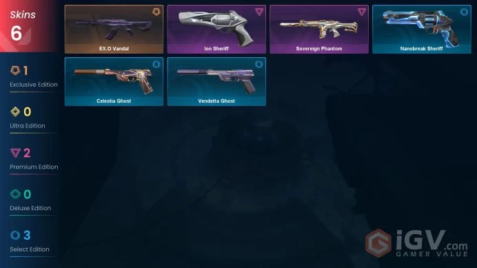 EU | 6 skins + 19 agents | EX.O Vandal + Sovereign Phantom + Ion Sheriff