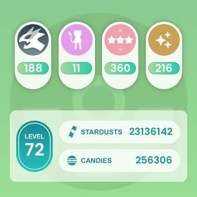 Level 72, 141 Pokemon 3000CP+, 8 Legendary IV100, 216 Shiny, 188 Legendary, 360 IV 100, 5 Shiny Legendary, 30 Shadow Legendary