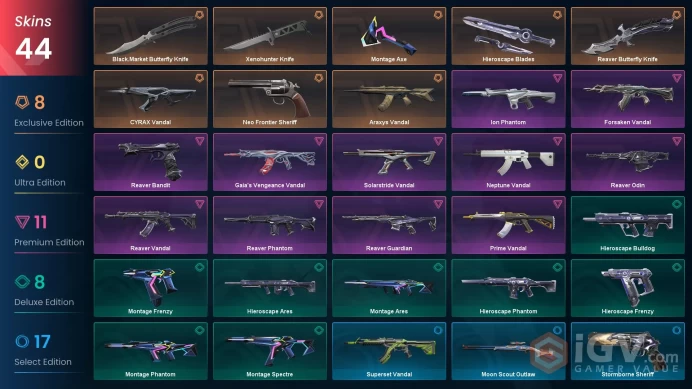NA | 43 skins | Black.Market Butterfly Knife | Araxys Vandal | Neo Frontier Sheriff | CYRAX Vandal | Prime Vandal | Reaver Vandal | D5067
