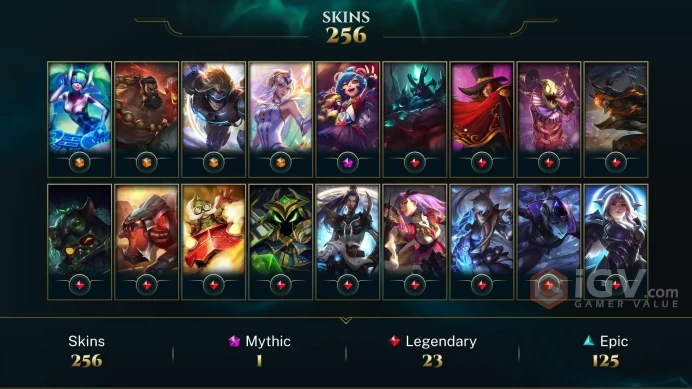 LAN  613 LVL ALL CHAMPIONS 256 SKINS 7 VICTORIOUS 4 ULTIMATE 200 EMOTES 26 LITTLE LEGENDS 405 ICON 7200 OE 201 EMOTE