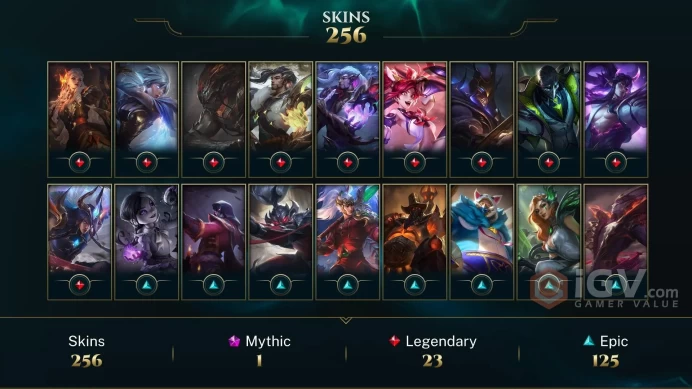 LAN  613 LVL ALL CHAMPIONS 256 SKINS 7 VICTORIOUS 4 ULTIMATE 200 EMOTES 26 LITTLE LEGENDS 405 ICON 7200 OE 201 EMOTE