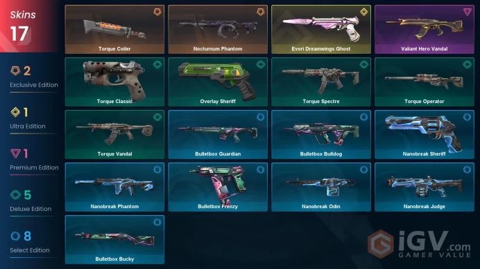 EU Full Access | 17 Skins Torque Coiler + Valiant Hero Vandal + Nocturnum Phantom + Evori Dreamwings Ghost + Torque Spectre + more