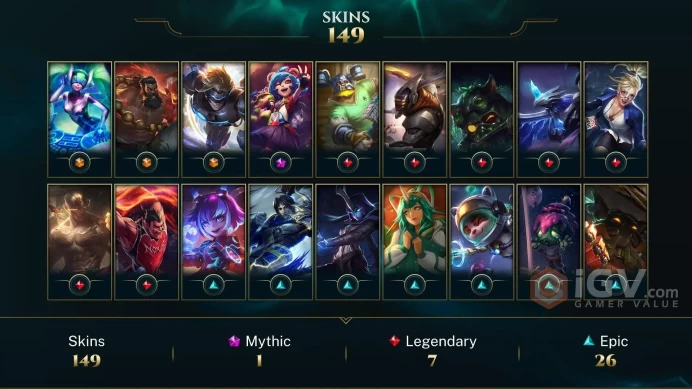 LAS EMAIL CAHNGEABLE 151  CHAMPIONS 149 SKINS PF EZREAL DJ SONA SPG UDYR Holiday Nashor  Wreath Icon S2 bronze icons Last play 2024